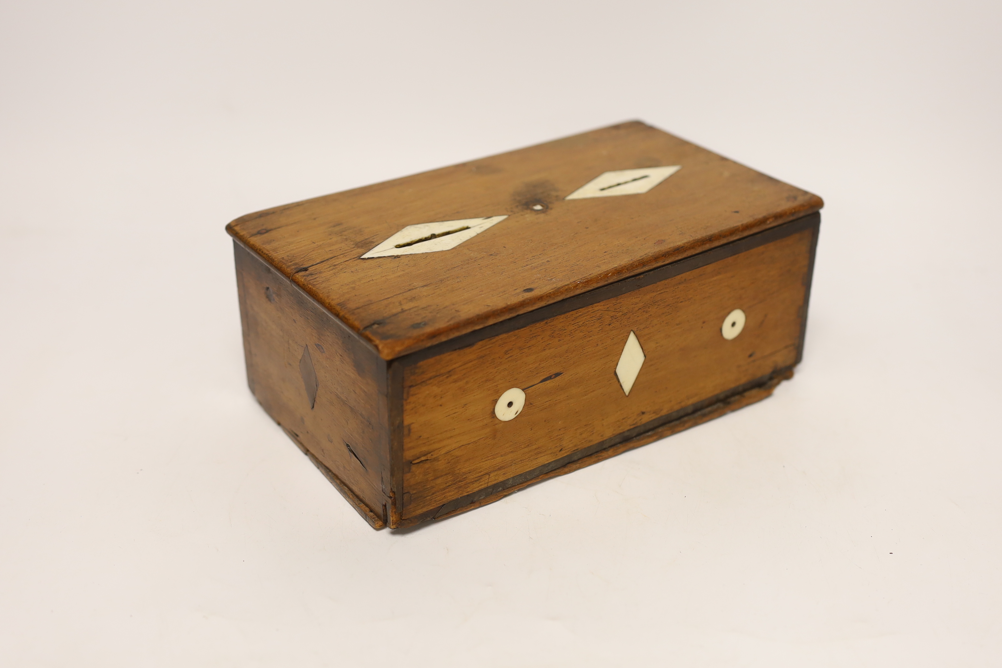 A mahogany church collection box, inlaid with bone, 23 x 13cm